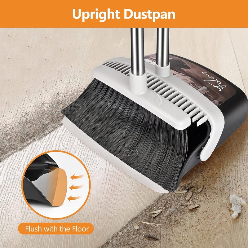 Folews Broom and Dustpan Set, Heavy Duty Dust Pan with Long Handle 51 Inch Broom with Dustpan Combo Set Upright Self-Cleaning Dust Pan Home Kitchen Lobby Indoor Outdoor Sweeping Cleaning Tool - Gray - Image 2